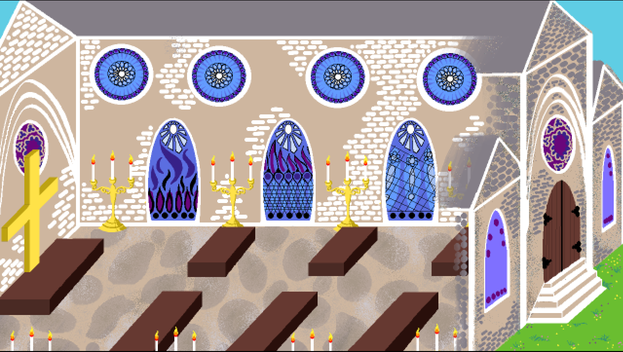 Pixel art d'une église avec une vue coupée permettant de voir la facade de l'église et l'intérieur.